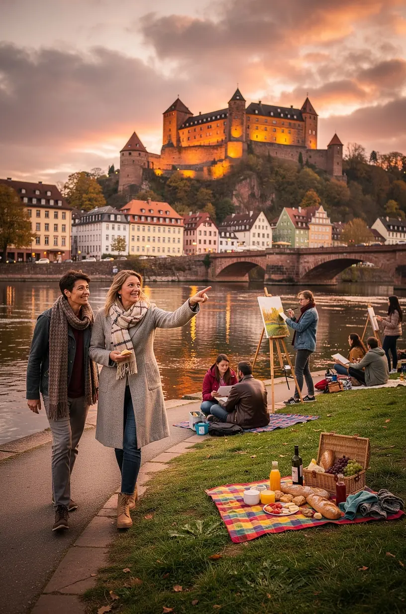 Wanderer, die einen markierten Fußweg entlang eines Flusses durch eine malerische deutsche Kleinstadt genießen.